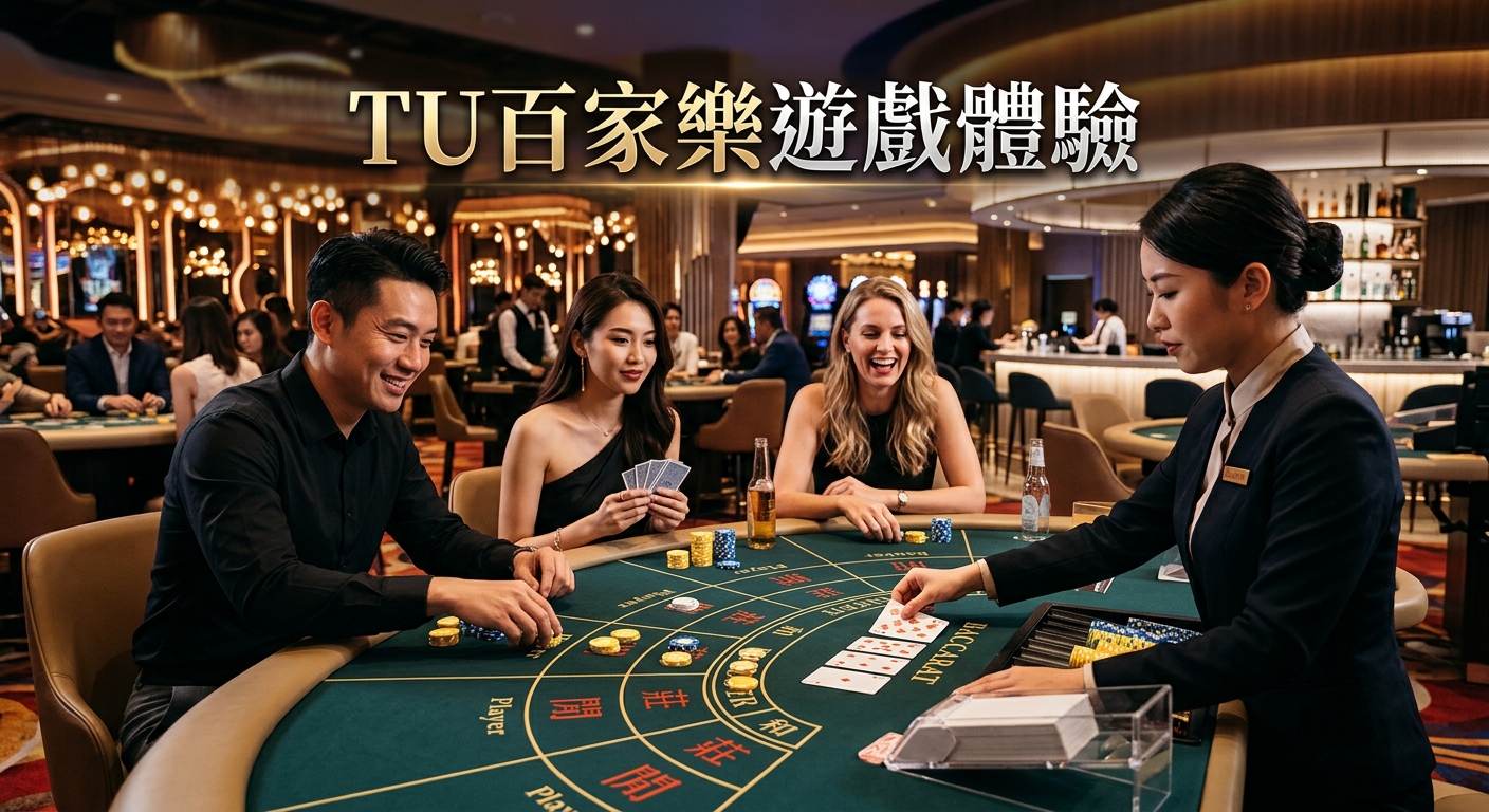 這張圖片展示了一群朋友在奢華賭場的百家樂桌前歡聚,現場氣氛熱烈且充滿互動。 專業的荷官正在發牌,畫面上方標有顯眼的標題「TU百家樂遊戲體驗」。